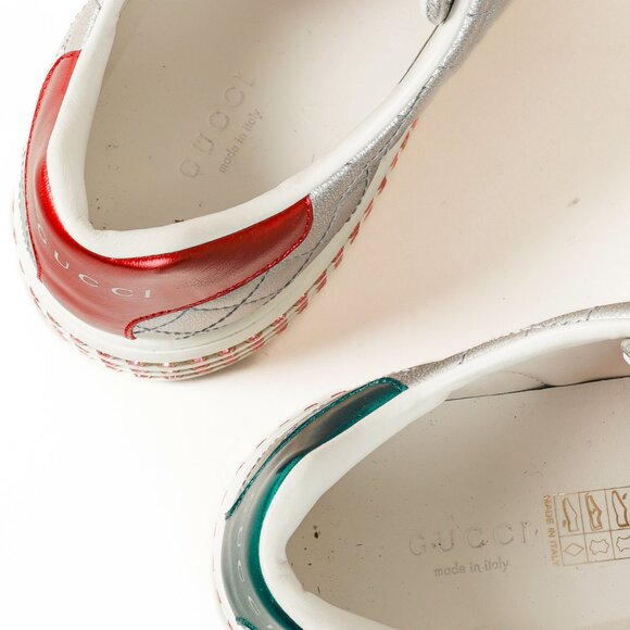 Gucci Ace Silver Quilted-Leather Bee-Webbing Crystal-Platform Sneakers - Picture 12 of 14